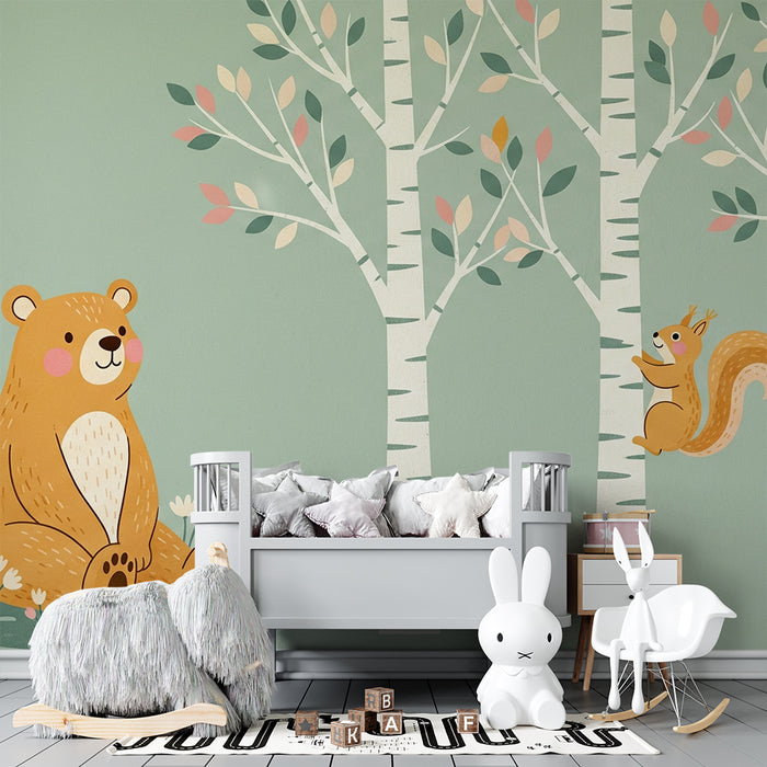 Barntapet | Söt björn och ekorre i en björkskog