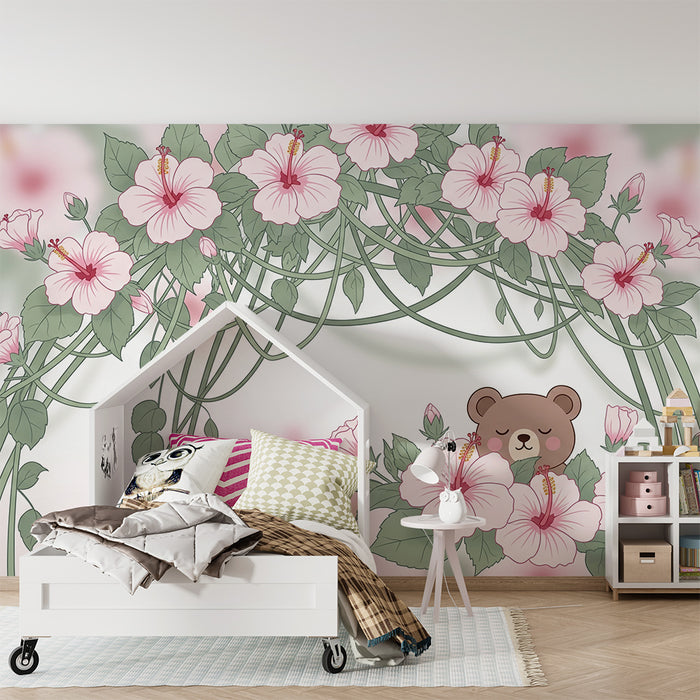 Lastenhuoneen tapetti | Söpö karhu ja hibiskuksen kukat