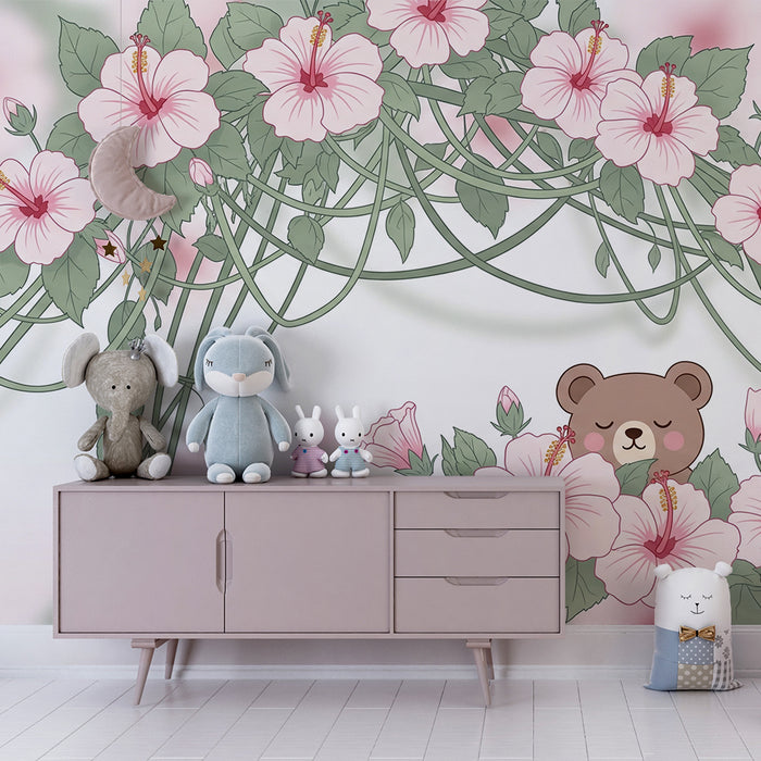 Lastenhuoneen tapetti | Söpö karhu ja hibiskuksen kukat