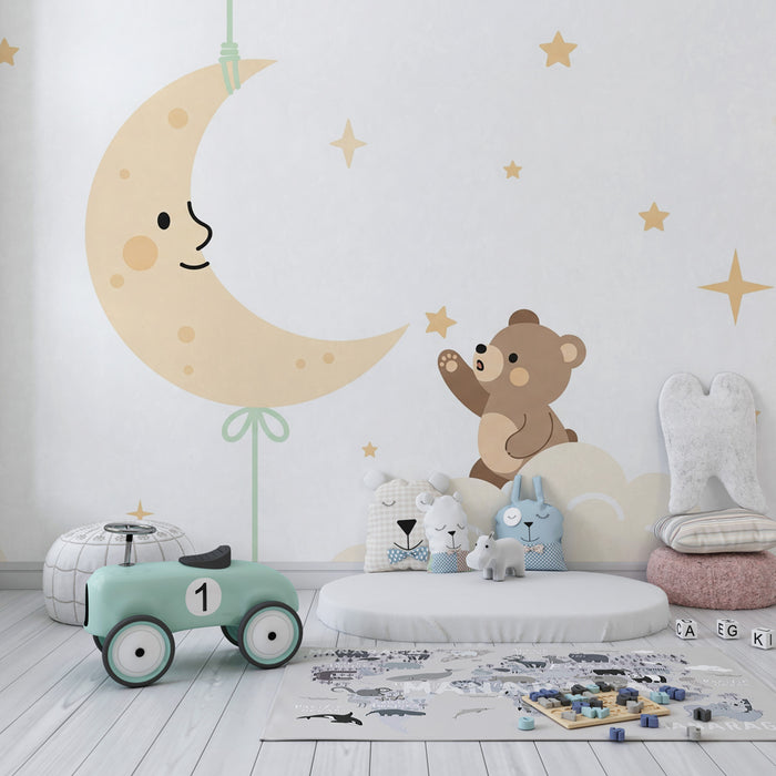 Tapeta do dětského pokoje | Roztomilý medvěd a usmívající se luna
