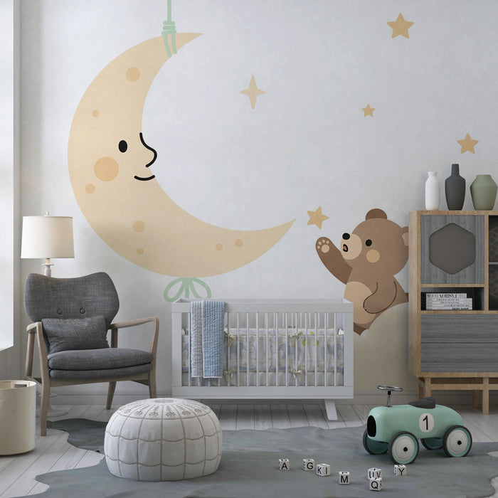 Tapeta do dětského pokoje | Roztomilý medvěd a usmívající se luna