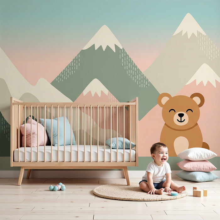 Lastenhuoneen tapetti | Söpö karhu ja pastellivuoret