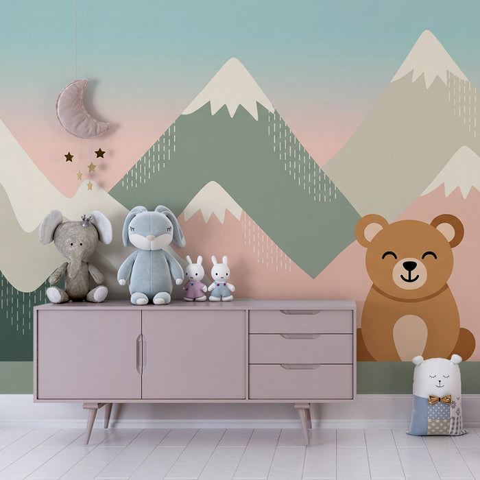 Lastenhuoneen tapetti | Söpö karhu ja pastellivuoret