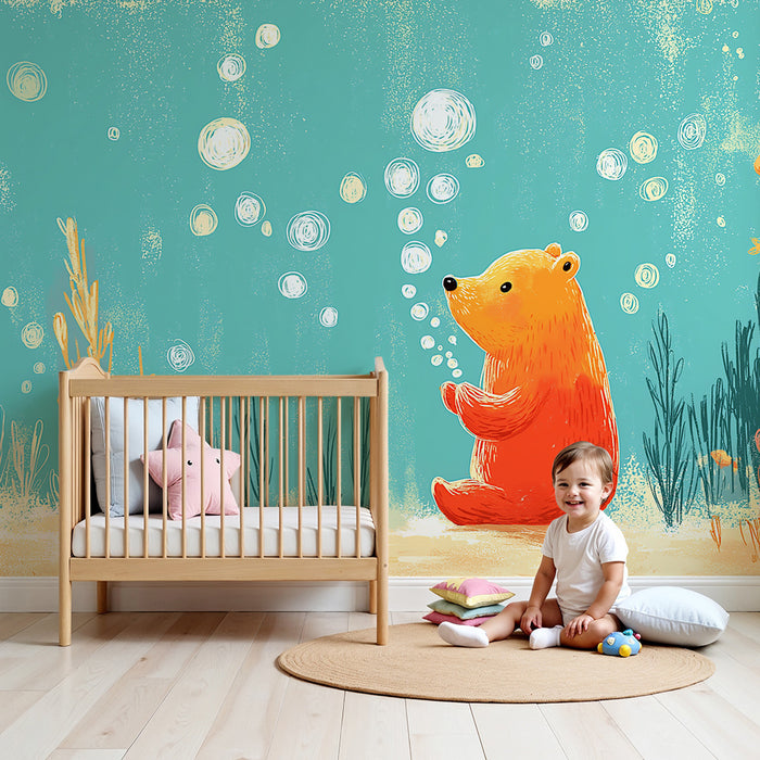 Papel de parede quarto bebê | Сладък мечо под водата с рибки и мехури