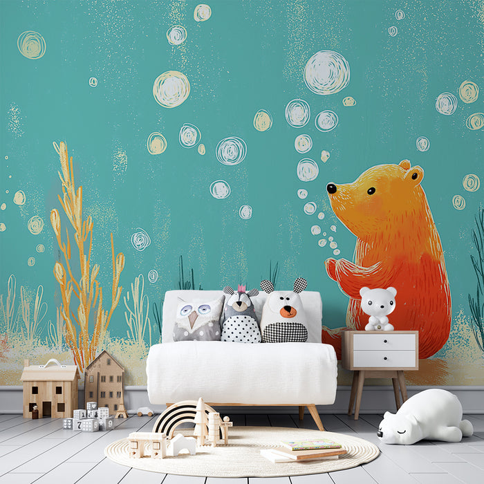 Papel de parede quarto bebê | Сладък мечо под водата с рибки и мехури