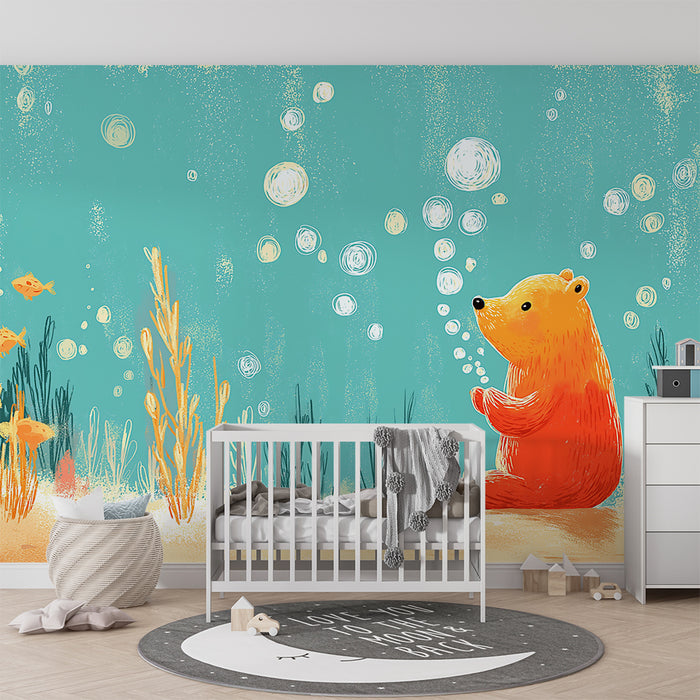 Papel de parede quarto bebê | Сладък мечо под водата с рибки и мехури