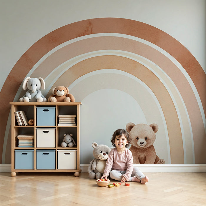 Babyzimmer Tapete | Niedlicher Bär unter einem pastellfarbenen Regenbogen