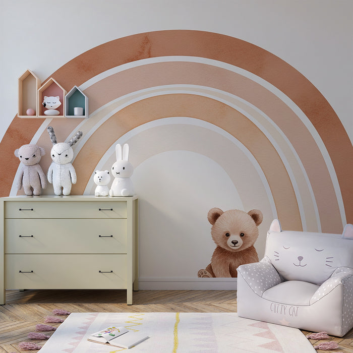 Babyzimmer Tapete | Niedlicher Bär unter einem pastellfarbenen Regenbogen