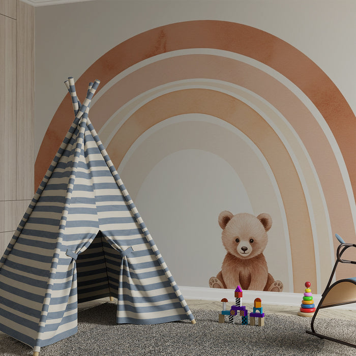 Babyzimmer Tapete | Niedlicher Bär unter einem pastellfarbenen Regenbogen