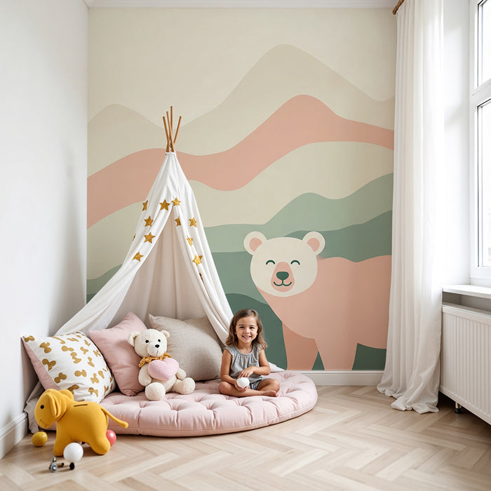 Lastenhuoneen tapetti | Söpö karhu pastellivuorten taustalla