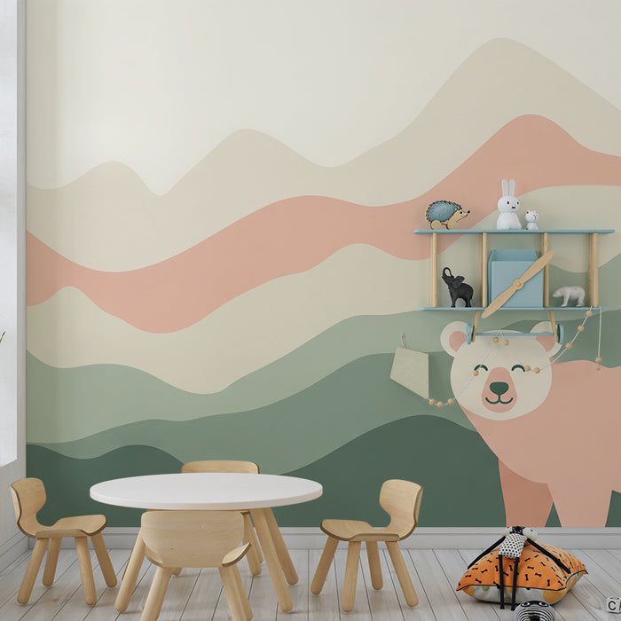Lastenhuoneen tapetti | Söpö karhu pastellivuorten taustalla