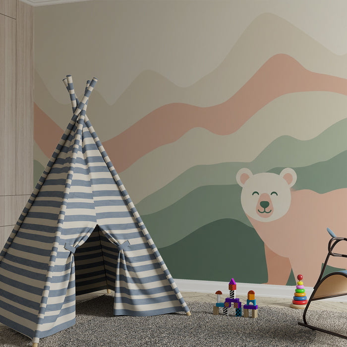Lastenhuoneen tapetti | Söpö karhu pastellivuorten taustalla