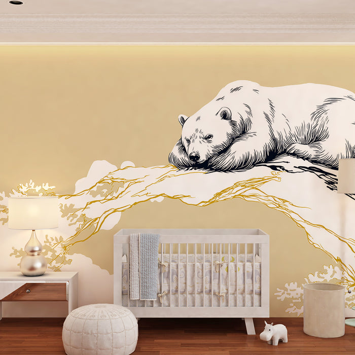 Papel de parede quarto bebê | Спокоен мечо на клон с златни акценти