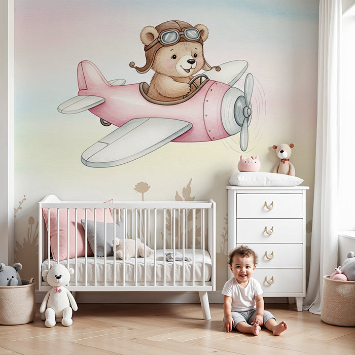 Papier peint chambre bébé | Ours pilote dans le ciel