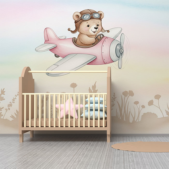 Papier peint chambre bébé | Ours pilote dans le ciel