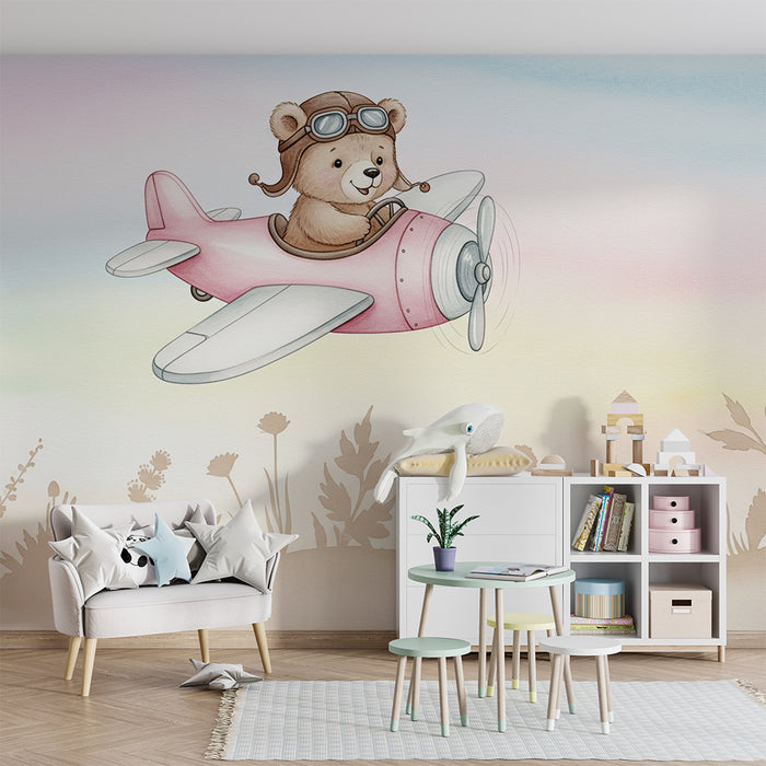Papier peint chambre bébé | Ours pilote dans le ciel