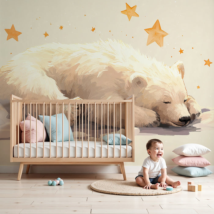 Lastenhuoneen tapetti | Nukkuva jääkarhu tähtitaivaan alla