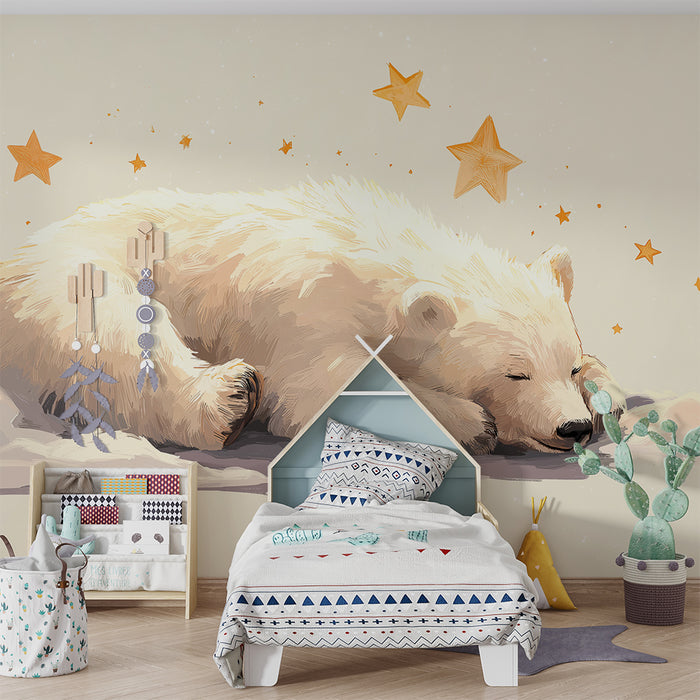 Lastenhuoneen tapetti | Nukkuva jääkarhu tähtitaivaan alla