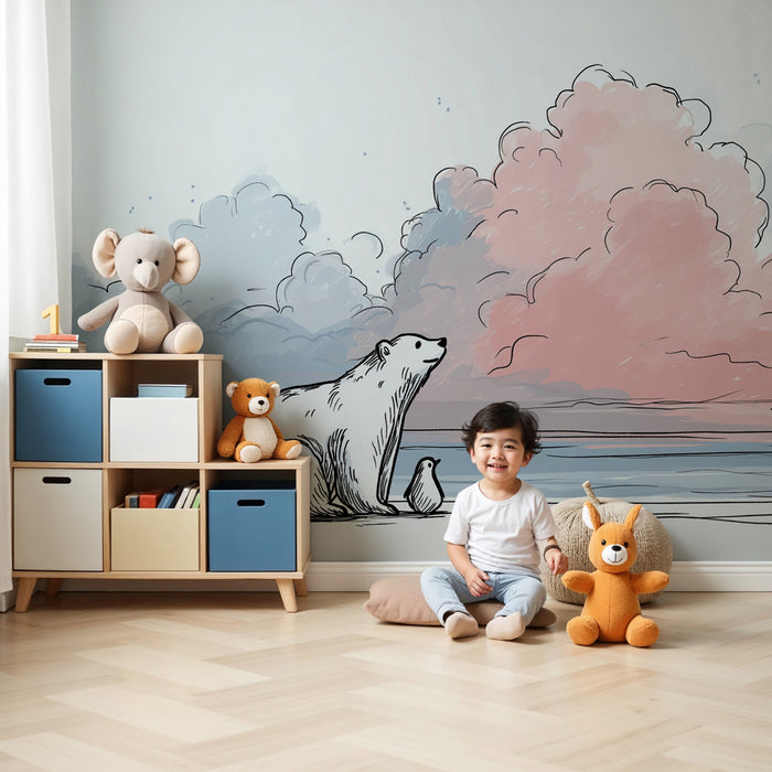 Papier peint chambre bébé | Ours polaire et ciel pastel