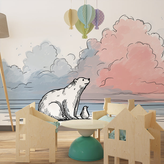 Papier peint chambre bébé | Ours polaire et ciel pastel