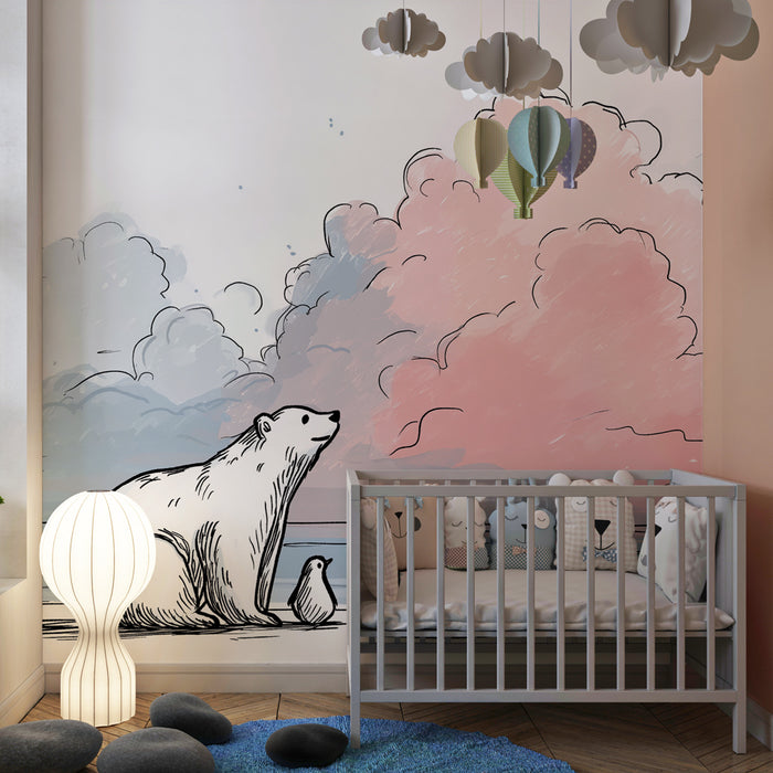Papier peint chambre bébé | Ours polaire et ciel pastel