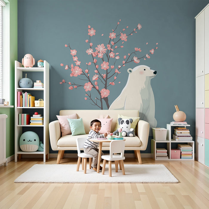 Tapet camera bebeluși | Urs polar și flori de cireș pe fundal liniștitor
