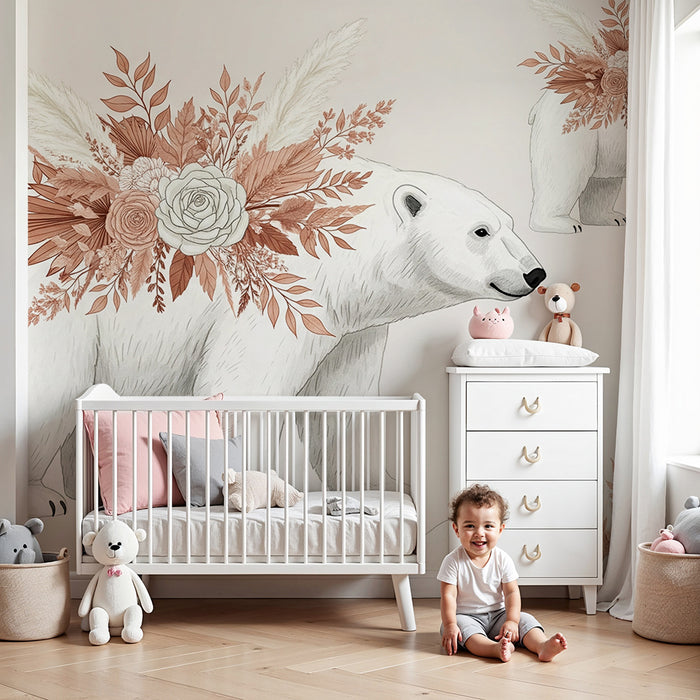 Babykamer behang | IJsbeer versierd met bloemen in zachte tinten