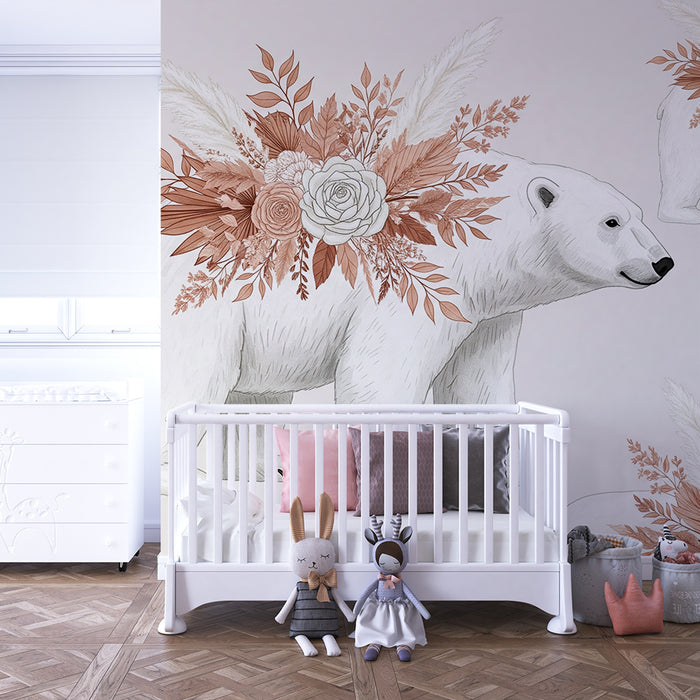 Babykamer behang | IJsbeer versierd met bloemen in zachte tinten