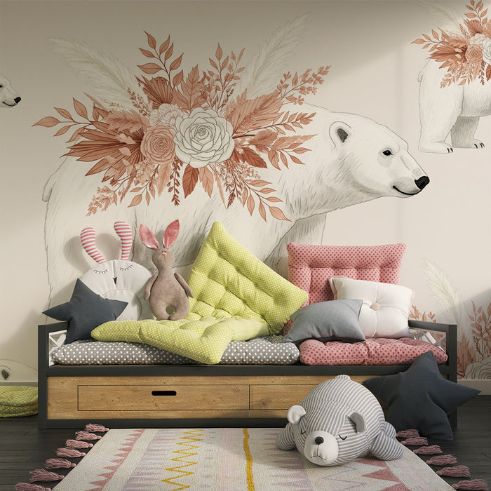 Babykamer behang | IJsbeer versierd met bloemen in zachte tinten