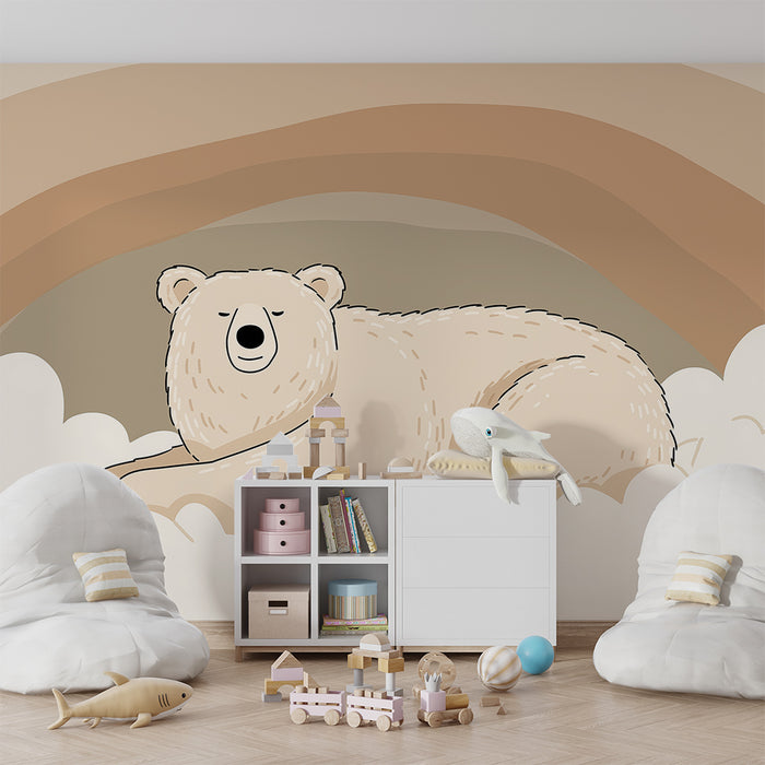 Papel de parede quarto bebê | Urso polar pacífico em uma nuvem sob um arco-íris