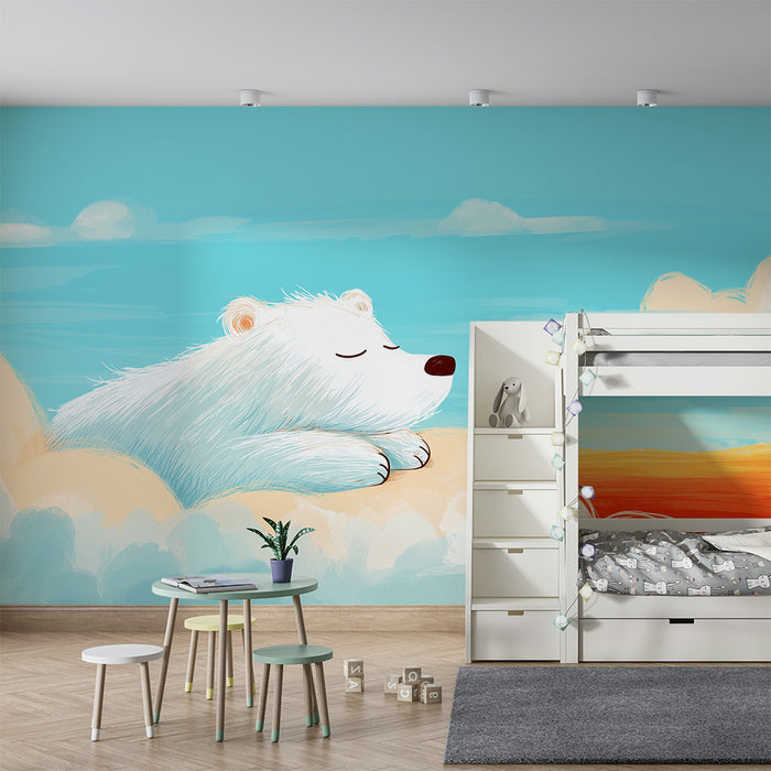 Papel de parede quarto bebê | Urso polar tranquilo em uma nuvem colorida