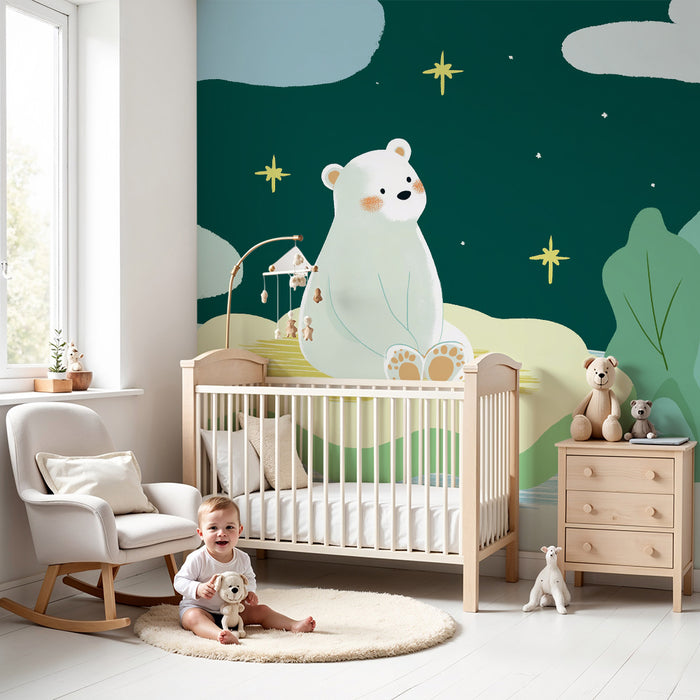 Babykamer behang | Dromende ijsbeer onder een sterrenhemel