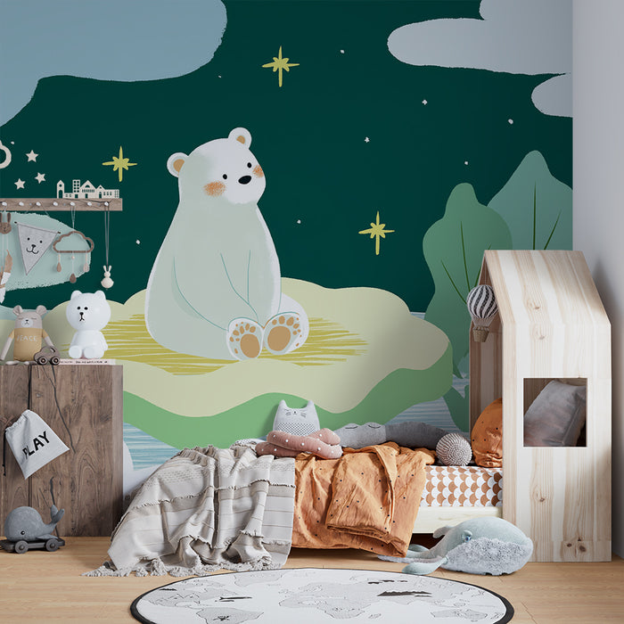 Babykamer behang | Dromende ijsbeer onder een sterrenhemel