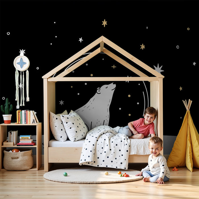 Tapet pentru camera de bebeluși | Urs polar sub stele într-un univers nocturn