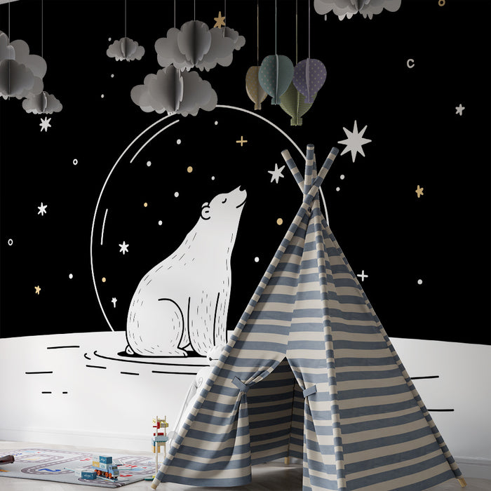 Tapet pentru camera de bebeluși | Urs polar sub stele într-un univers nocturn