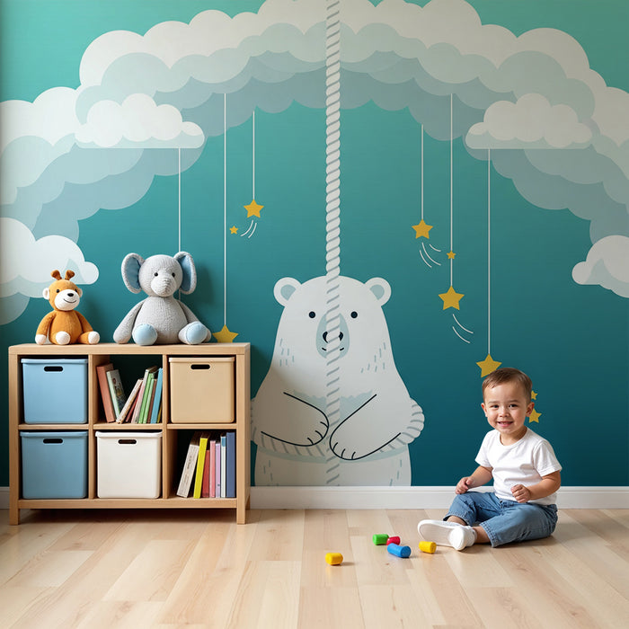 Babyzimmer-Tapete | Eisbär schwebt zwischen Wolken und Sternen