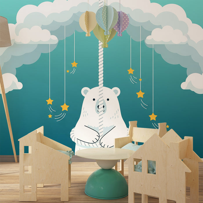 Babyzimmer-Tapete | Eisbär schwebt zwischen Wolken und Sternen