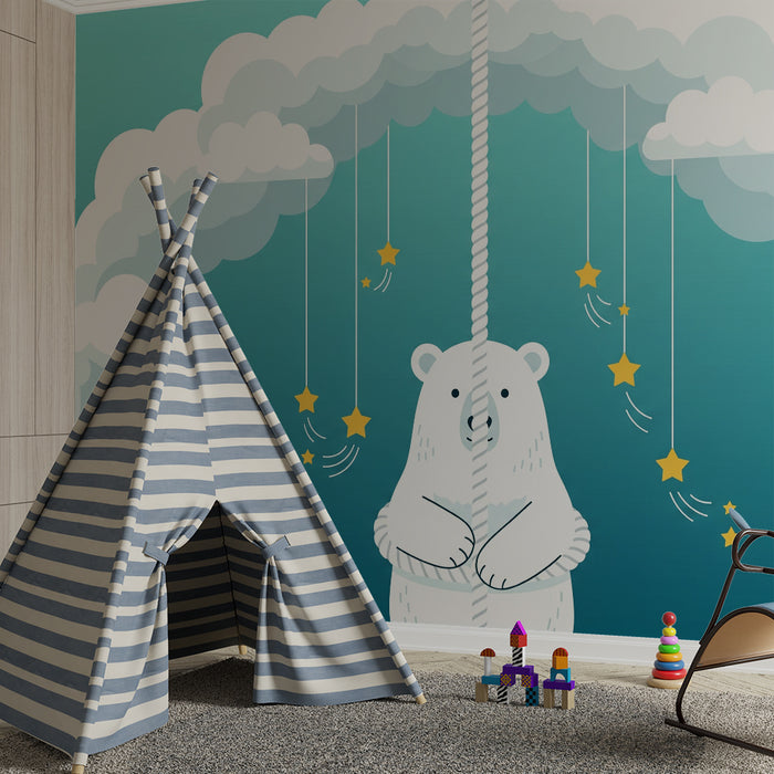 Babyzimmer-Tapete | Eisbär schwebt zwischen Wolken und Sternen