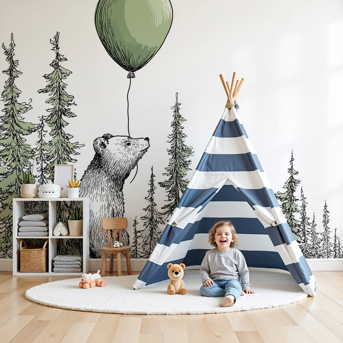 Nursery room wallpaper | Dreamy bear with a balloon in the forest