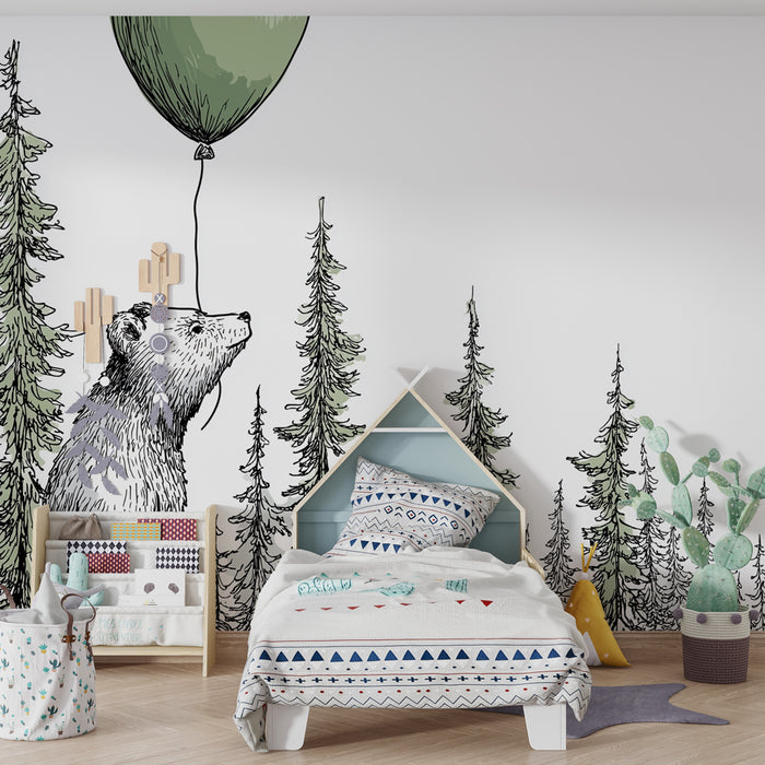 Nursery room wallpaper | Dreamy bear with a balloon in the forest