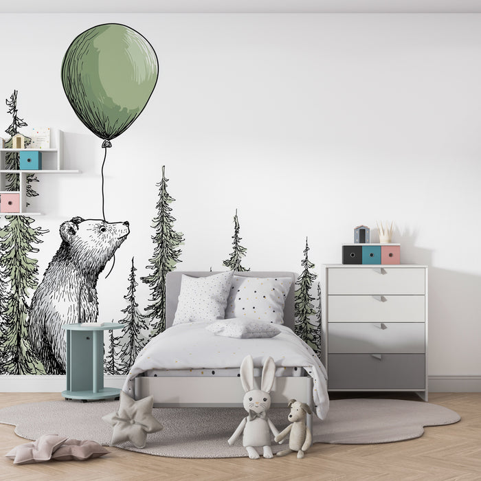 Nursery room wallpaper | Dreamy bear with a balloon in the forest