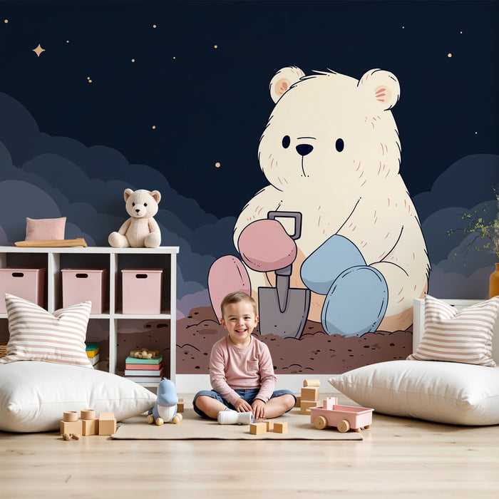 Carta da parati bambini | Orso sognante e nuvole stellate