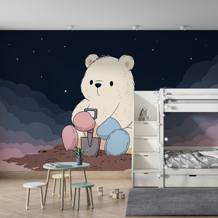 Carta da parati bambini | Orso sognante e nuvole stellate