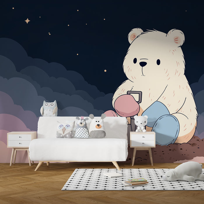 Carta da parati bambini | Orso sognante e nuvole stellate