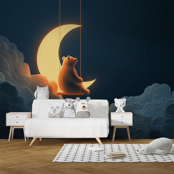 Nursery room wallpaper | Dreamy bear on a lunar swing in a starry sky