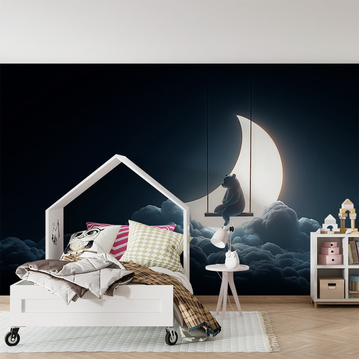 Papier peint chambre bébé | Ours suspendu dans les nuages sous la lune