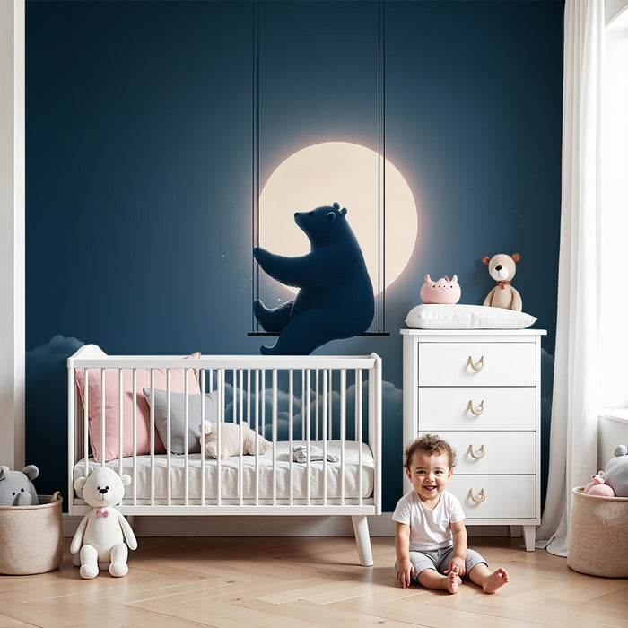 Papier peint chambre bébé | Ours suspendu dans les nuages sous la pleine lune