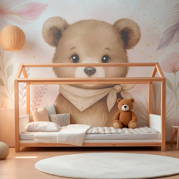 Papel de parede quarto bebê | Srčkan medvedek sredi cvetja