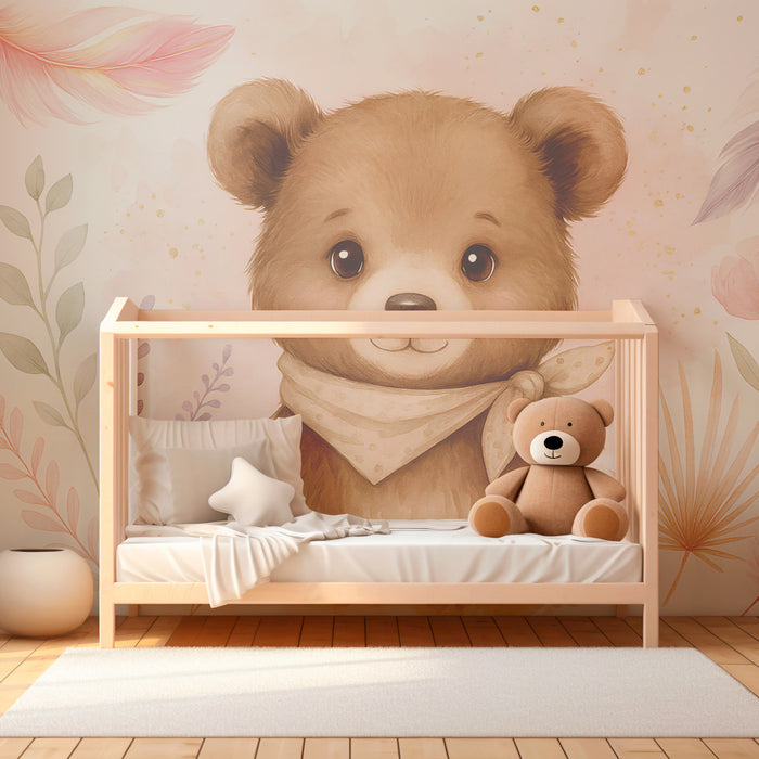 Papel de parede quarto bebê | Srčkan medvedek sredi cvetja