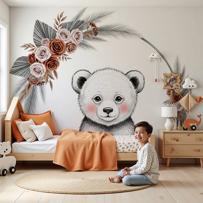 Babyzimmer Tapete | Niedlicher Bär und zarte Blumen